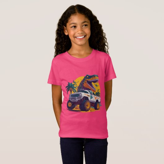 T-Shirt Fun Roaring T-Rex équitation Monster Truck Kids T- (Devant entier)