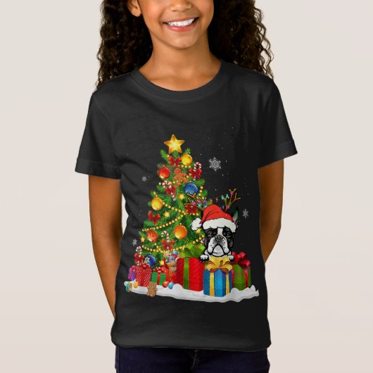 T-Shirt Funky Boston Terrier sapin de Noël Light Chien Noë (Devant)