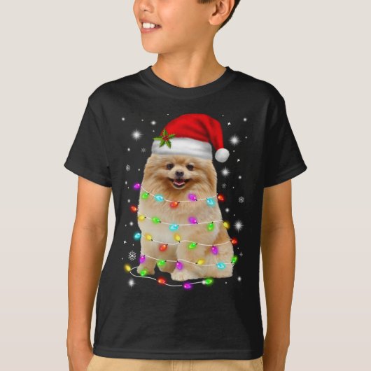 T-shirt Funky Chien Poméranien Santa Hat lumières de Noël  (Devant)