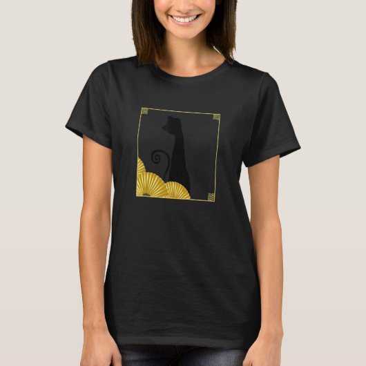T-shirt Funky East Asian Style Black Cat in Frame with Gol (Devant)