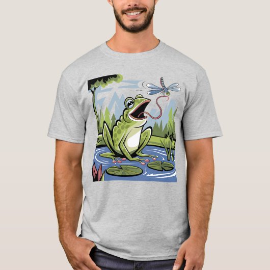 T-shirt Funky Frog Catching Dragonfly Art (Devant)