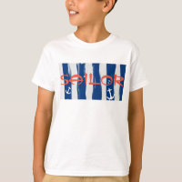 T-Shirt Funky Marin Bleu à Rayures Blanches et Anc