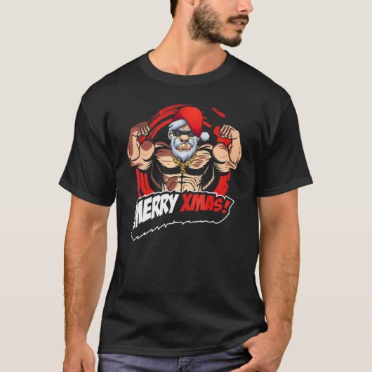 T-shirt Funky Noël Santa Claus Muscles Gymnase, Joyeux Lif (Devant)