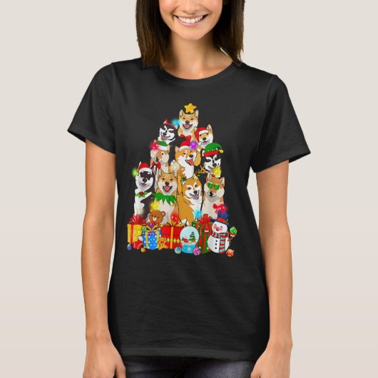 T-shirt Funky Shiba Inu Christmas Tree Lights Chien chiot  (Devant)