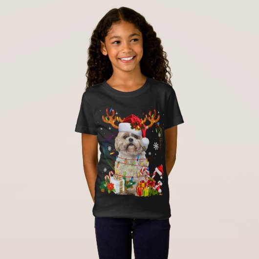 T-Shirt Funky Shih Tzu Reindeer Noël Lumières (Devant entier)