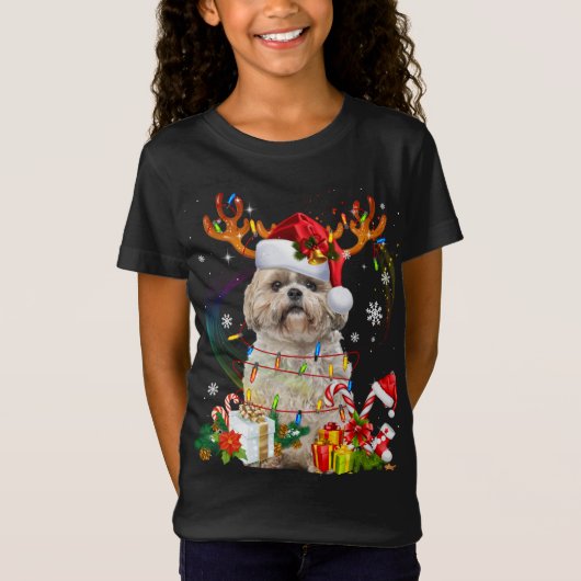 T-Shirt Funky Shih Tzu Reindeer Noël Lumières (Devant)