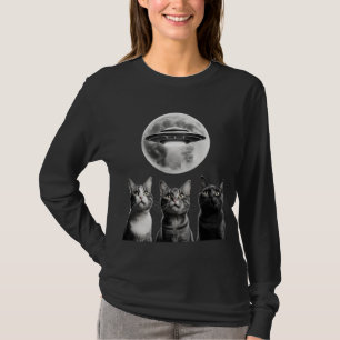 T-shirt Funny 3 chats effrayés Lune UFO Alien Earth Invasi