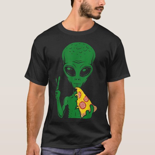 T-shirt Funny Alien Eating Pizza Design (Devant)