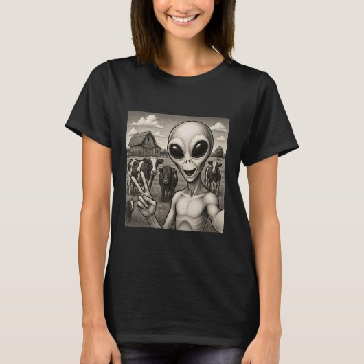 T-shirt Funny Alien Selfie With Cows UFO Sci-Fi Humor (Devant)