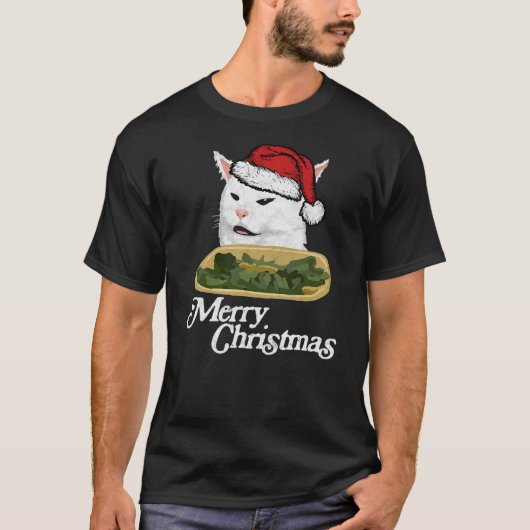 T-shirt Funny Arguing White Cat Meme in Santa Hat Christma (Devant)