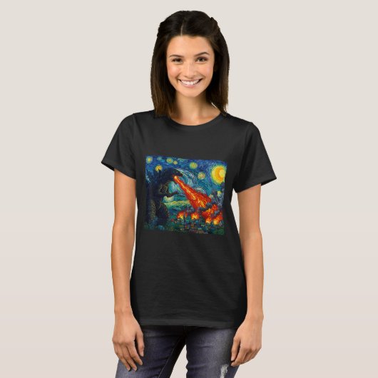 T-shirt Funny Art Japanese Monster Kaiju In Van Gogh Starr (Devant entier)