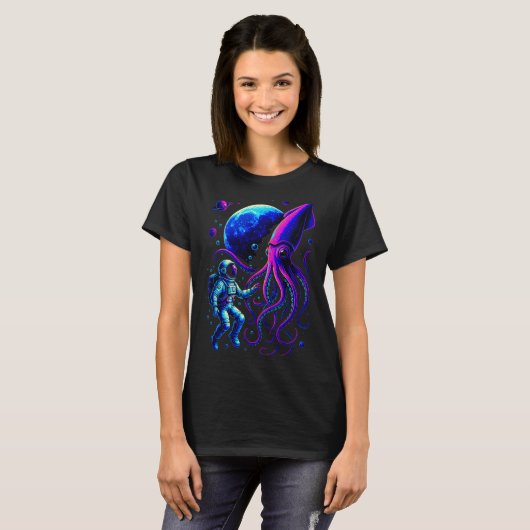 T-shirt Funny Astronaut And Squid In Underwater Space With (Devant entier)