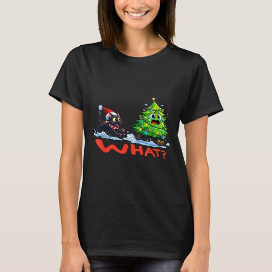 T-shirt Funny Black Cat Chasing Christmas Tree Over Cat Wh (Devant)
