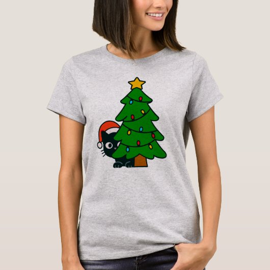 T-shirt Funny Black Cat Christmas Tree Lights Kitty Xmas (Devant)
