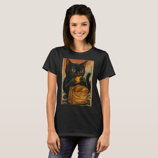 T-shirt Funny Black Cat Eating Tacos Retro Japanese (Devant entier)