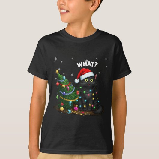 T-shirt Funny Black Cat Pushing Christmas Tree  (Devant)
