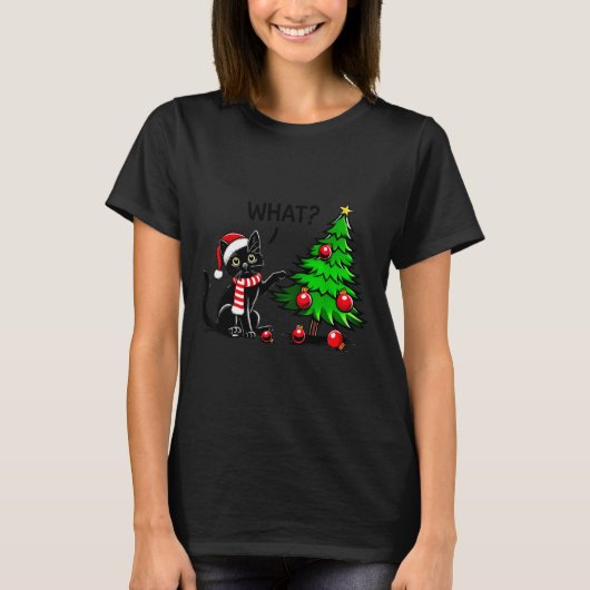 T-shirt Funny Black Cat Pushing Christmas Tree Over Cat Wh (Devant)