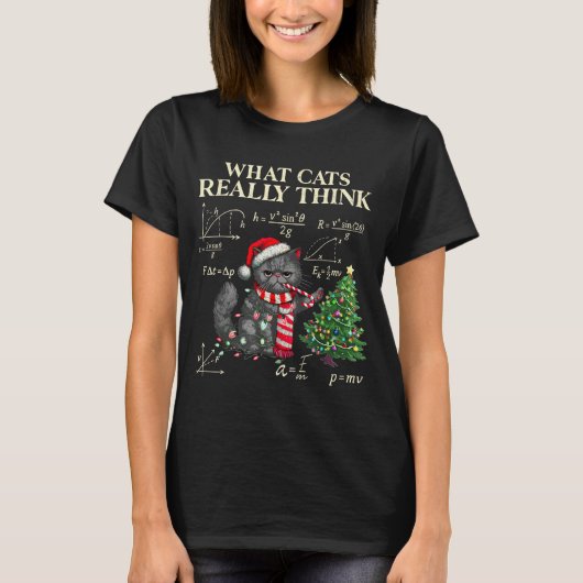 T-shirt Funny Black Cat Pushing Xmas Tree Over Cats Physic (Devant)