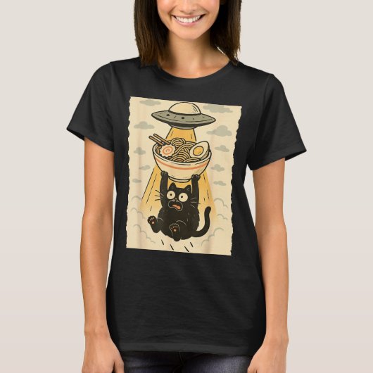 T-shirt Funny Black Cat Ufo Ramen Alien Abduction Graphic  (Devant)