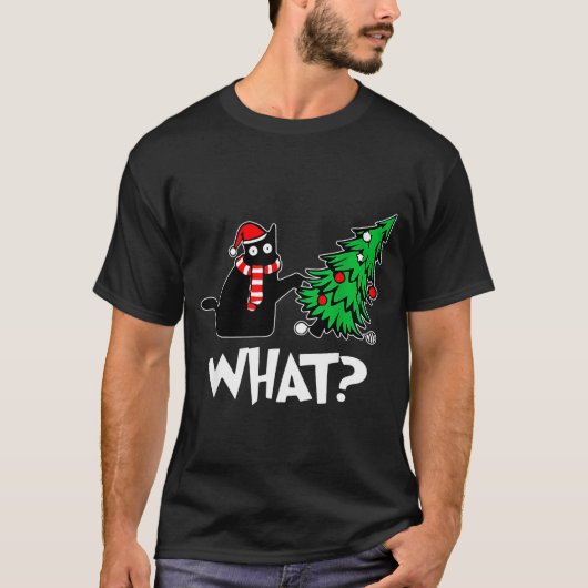 T-shirt Funny Black Cat Xmas Pushing Christmas Tree Over C (Devant)