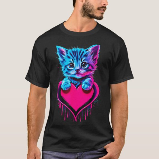 T-shirt Funny Blacklight Glitch Art Cute Cat Kitten Valent (Devant)