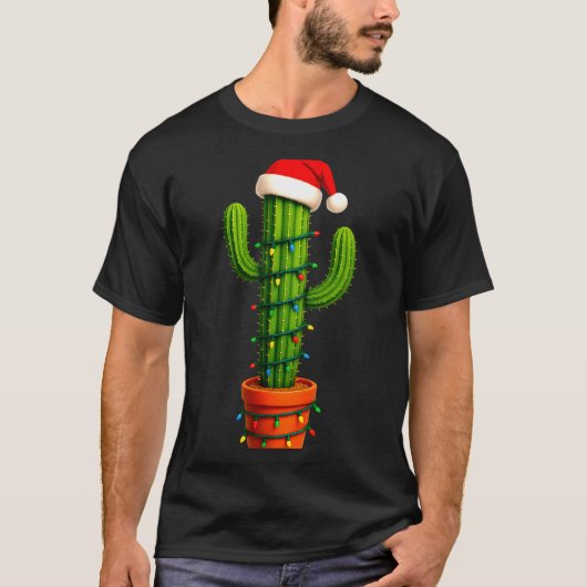T-shirt Funny Cactus Santa Hat Xmas Tree Lights Merry Chri (Devant)