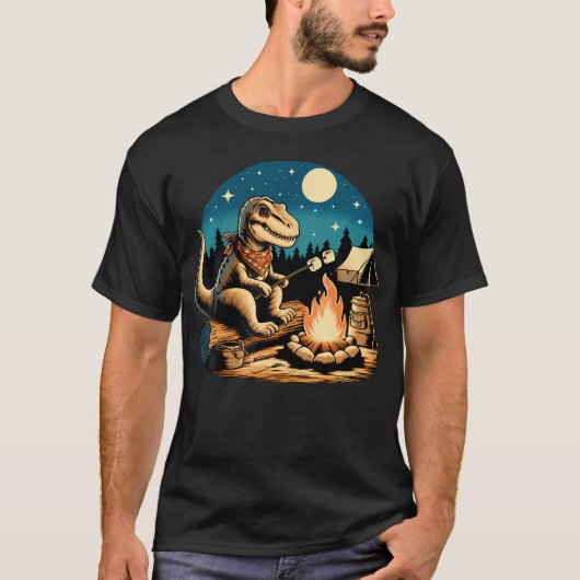 T-shirt Funny Campfire Dinosaur Roasting Marshmallows Camp (Devant)