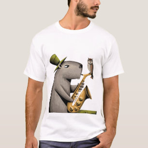 T-shirt Funny Capybara jouer au saxophone avec hibou
