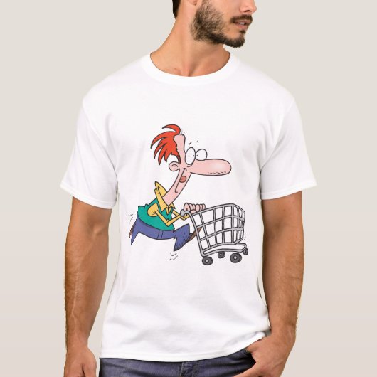 T-shirt Funny Cartoon Man Running With Shopping Cart (Devant)