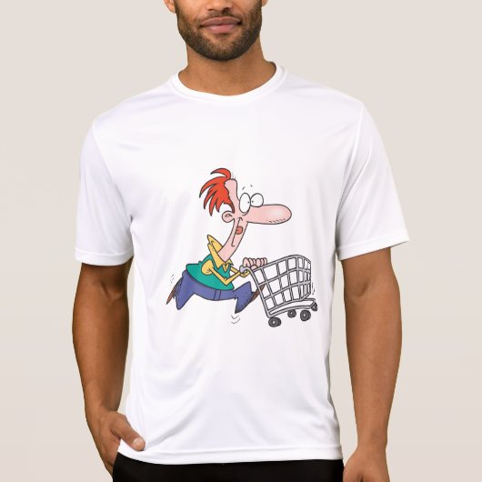 T-shirt Funny Cartoon Man Running With Shopping Cart (Devant)