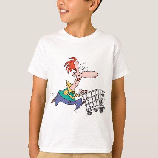 T-shirt Funny Cartoon Man Running With Shopping Cart (Devant)