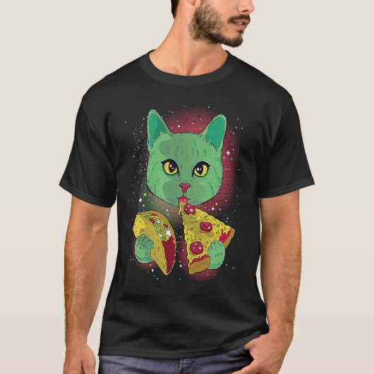 T-shirt Funny Cat Eating Tacos and Pizza in Outer Space T  (Devant)