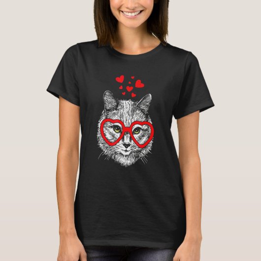 T-shirt Funny Cat Heart Glasses Valentine's Day (Devant)
