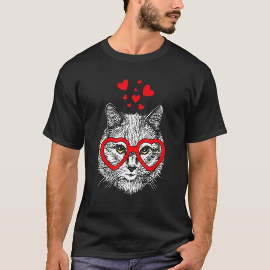 T-shirt Funny Cat Heart Glasses Valentine's Day (Devant)