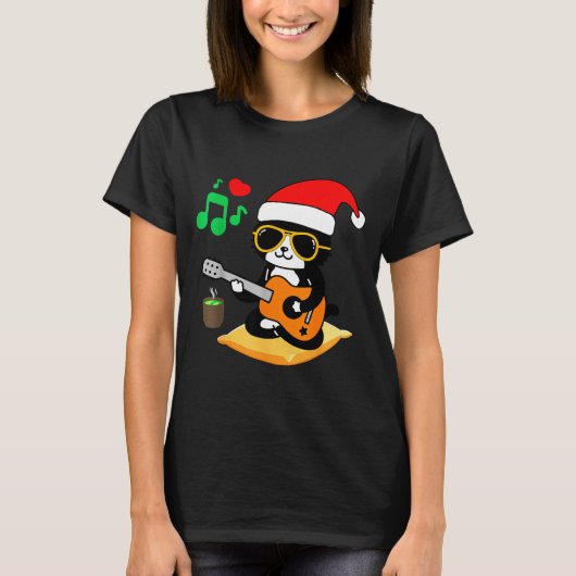 T-shirt Funny Cat Playing Guitar Sungles Santa Hat Christm (Devant)