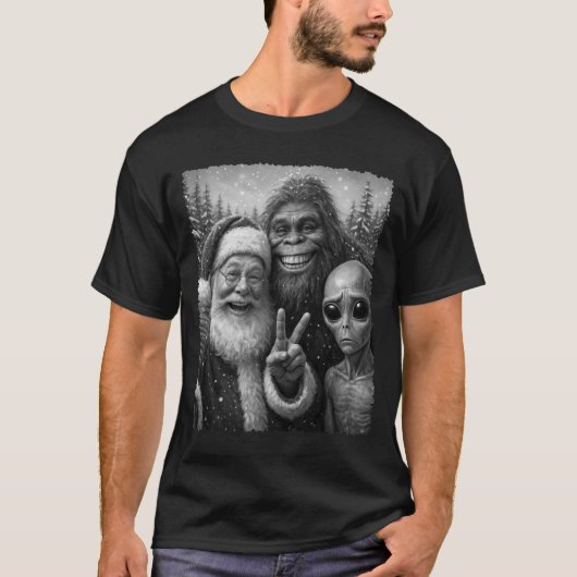 T-shirt Funny Cat Santa Bigfoot Alien Christmas Selfie Tee (Devant)