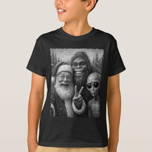 T-shirt Funny Cat Santa Bigfoot Alien Christmas Selfie Tee (Devant)