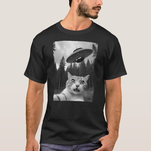 T-shirt Funny Cat Selfie with UFO Alien (Devant)