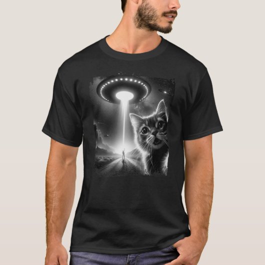 T-shirt Funny Cat Selfie with UFOs Abduction Aliens (Devant)