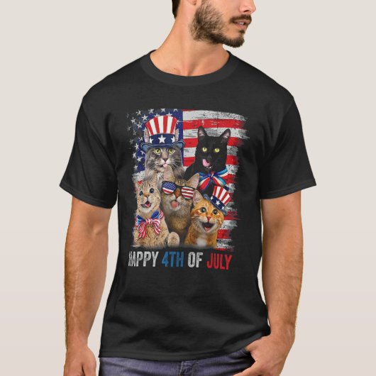 T-shirt Funny Cats Happy 4th Of July American US Flag 4th  (Devant)