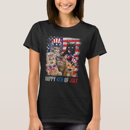 T-shirt Funny Cats Happy 4th Of July American US Flag 4th  (Devant)