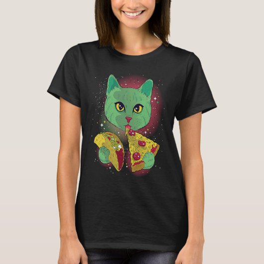 T-shirt Funny Chat Manger Tacos et Pizza dans l'espace ext (Devant)
