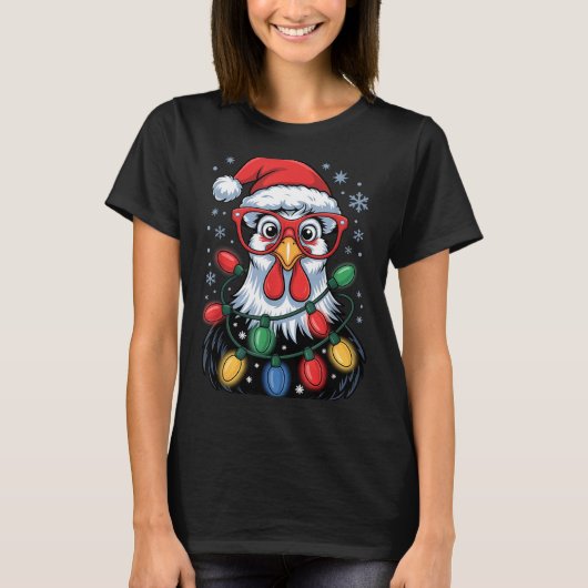 T-shirt Funny Chicken Christmas Tree Lights Santa Hat Xmas (Devant)