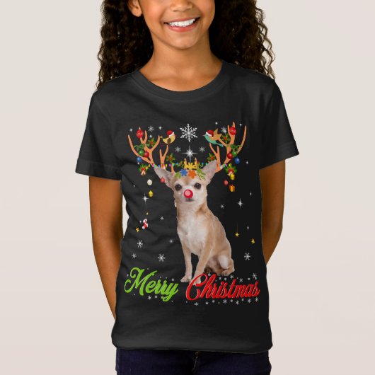 T-Shirt Funny Chihuahua Chig with Antlers Joyeux Noël T (Devant)