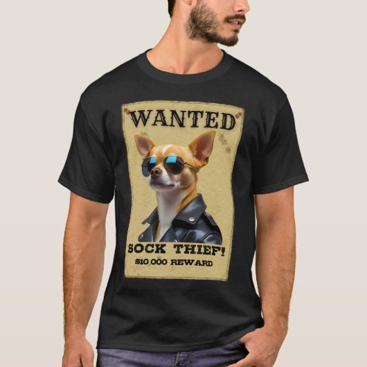 T-shirt Funny Chihuahua WANTED Poster with Cool Sunglasses (Devant)