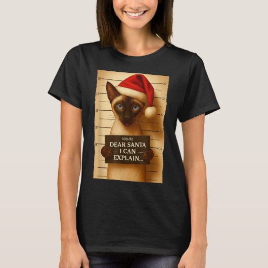 T-shirt Funny Christmas Cat- Cute Siamese Santa Hat Tee (Devant)