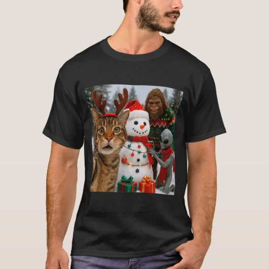 T-shirt Funny Christmas Cat Selfie With Bigfoot Alien & (Devant)