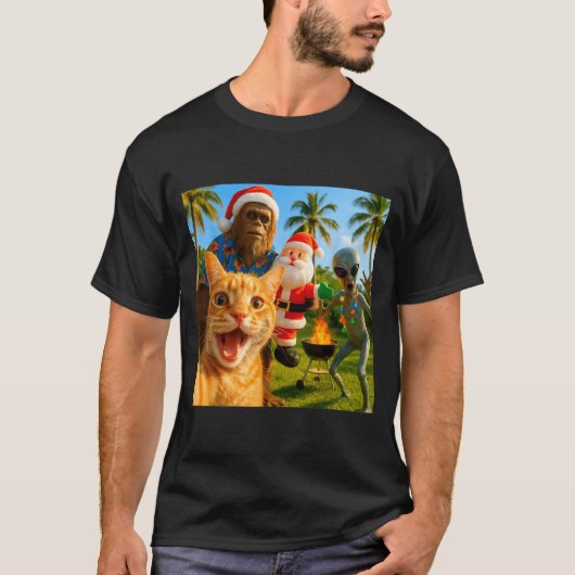 T-shirt Funny Christmas Cat Selfie With Bigfoot & Alie (Devant)