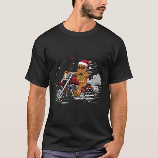 T-shirt Funny Christmas Gingerbread Man Biker Riding A Mot (Devant)