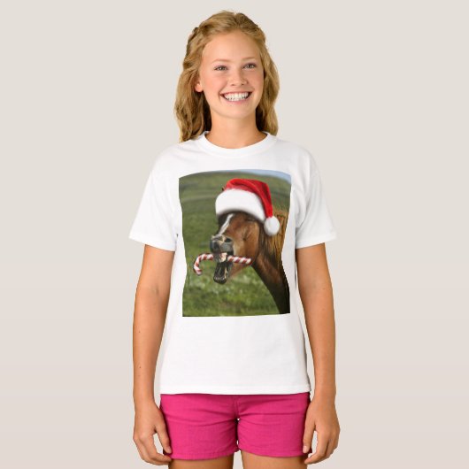 T-shirt Funny Christmas horse with Santa hat smiling (Devant entier)